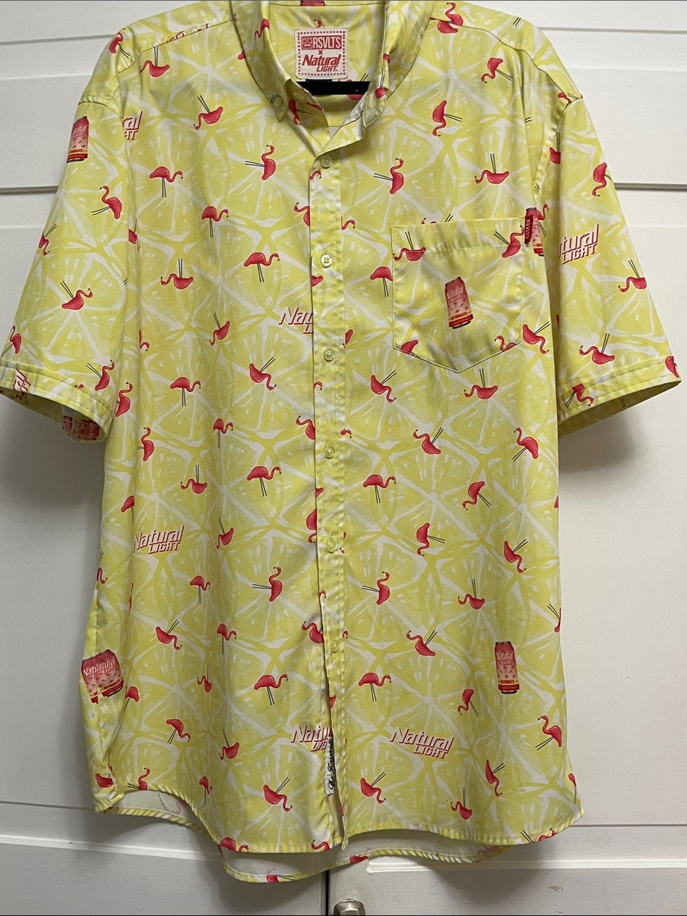 RSVLTS Yellow Short-Sleeve Flamingo Print Button-Down Shirt